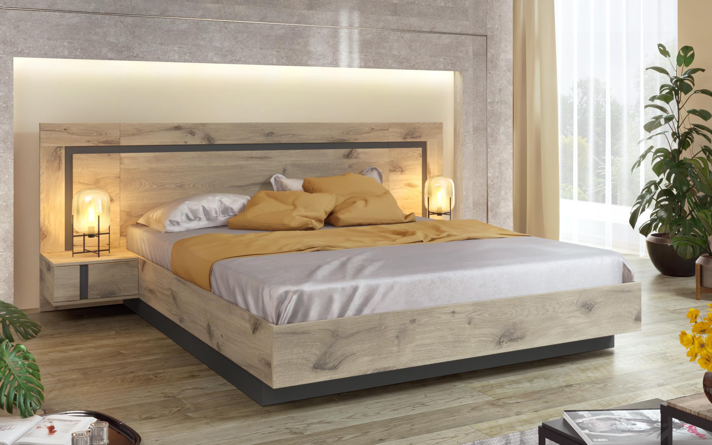 Pat dublu Omonia + Somiera Basic + Saltea Neo Dream 160/200 cm + mecanism, stejar scandinav deschis + antracit mat  1